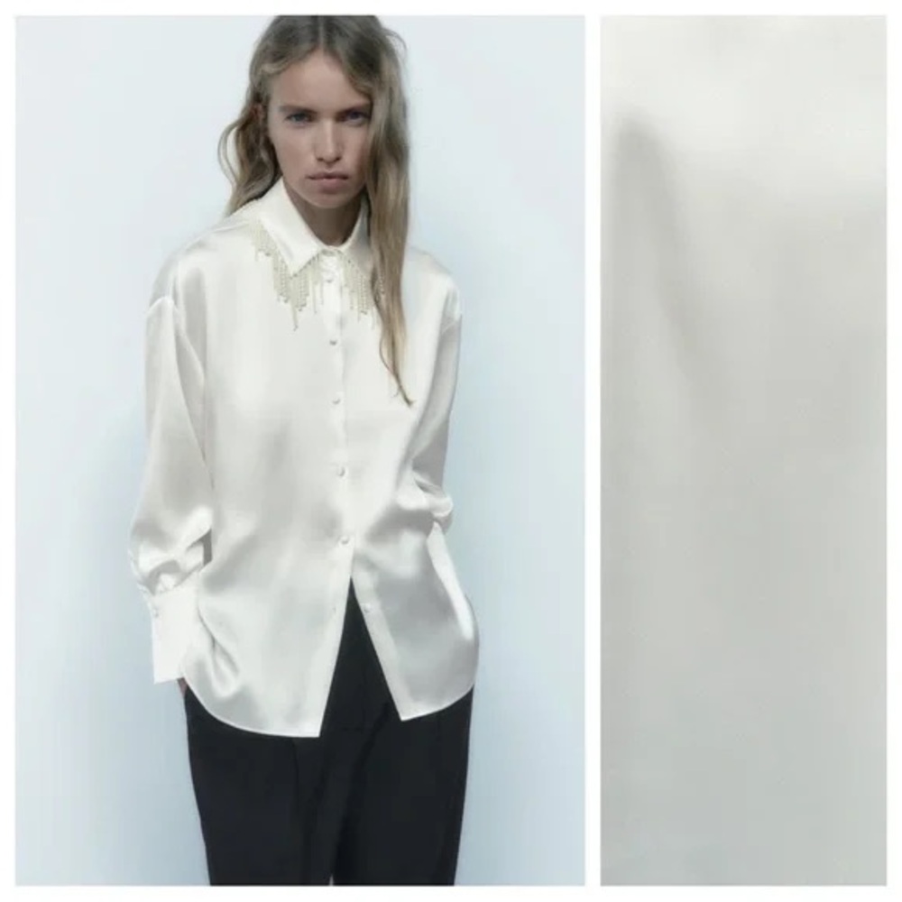 Zara long sleeve white evening blouse with pearls